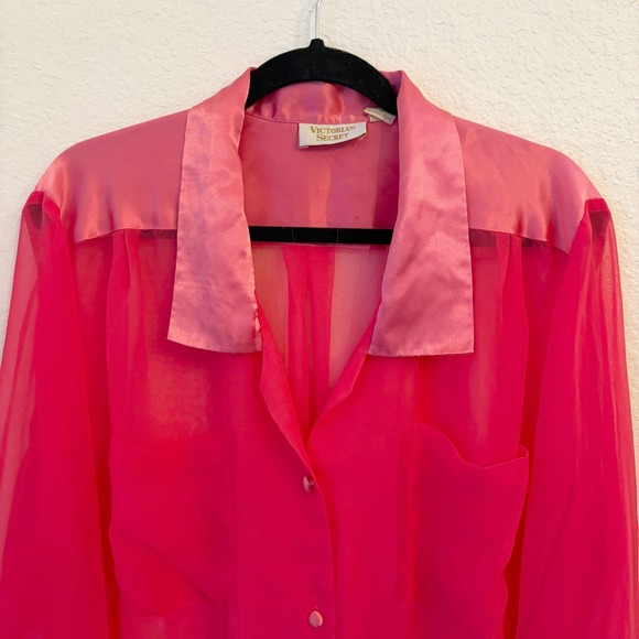 Vintage Victorias Secret Sleep Shirt M Neon Pink Sheer Satin Gold Label Pajamas - Picture 2 of 12